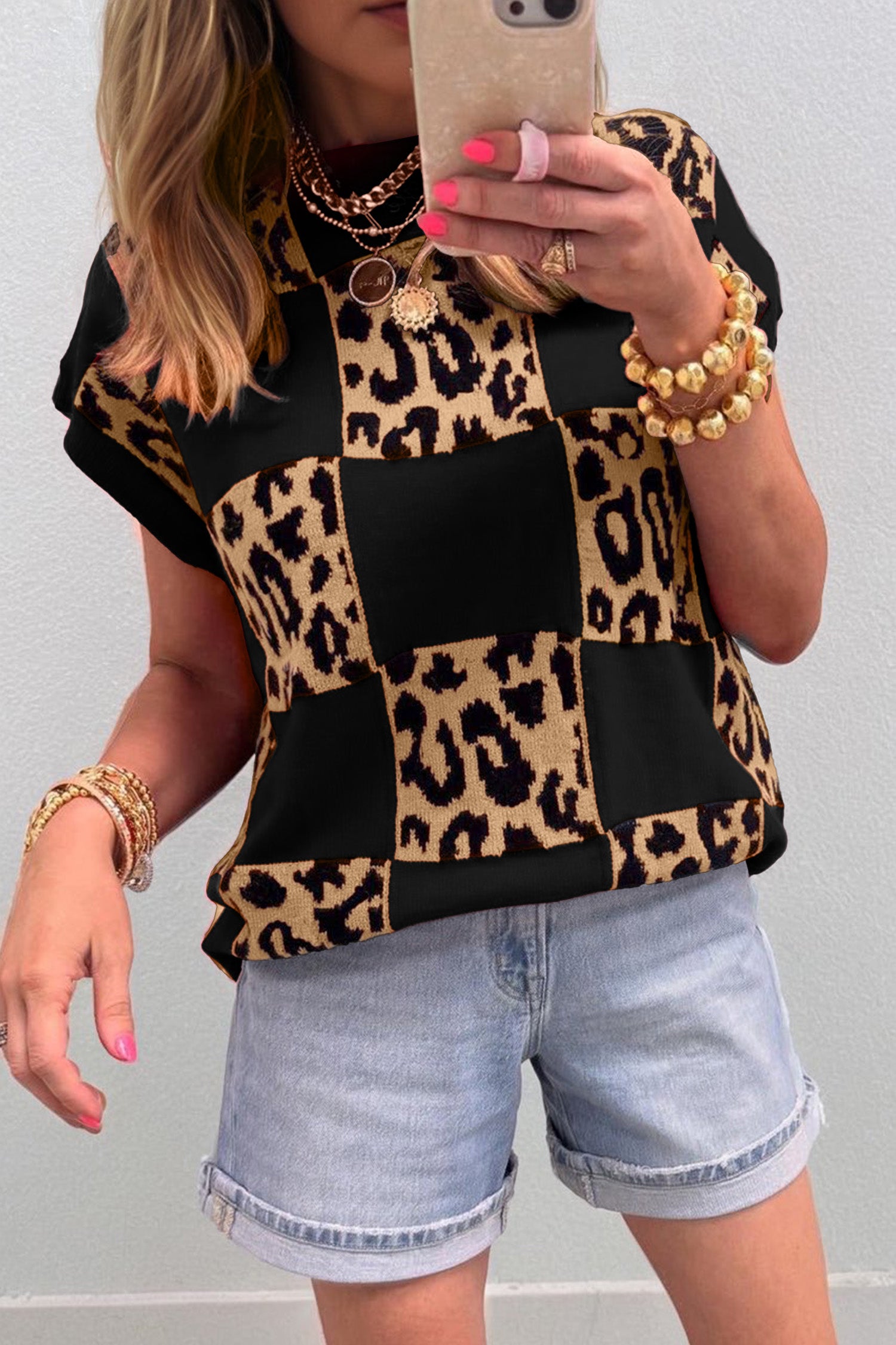 Red Leopard Checkerboard Short Sleeve Knit Sweater