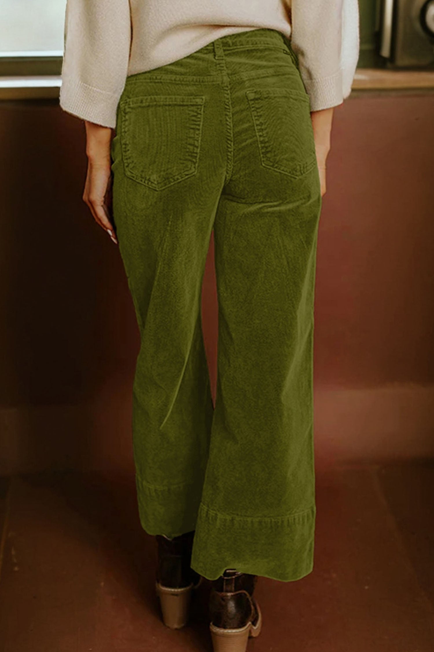 Burgundy Corduroy Solid Color High Waist Wide Leg Pants