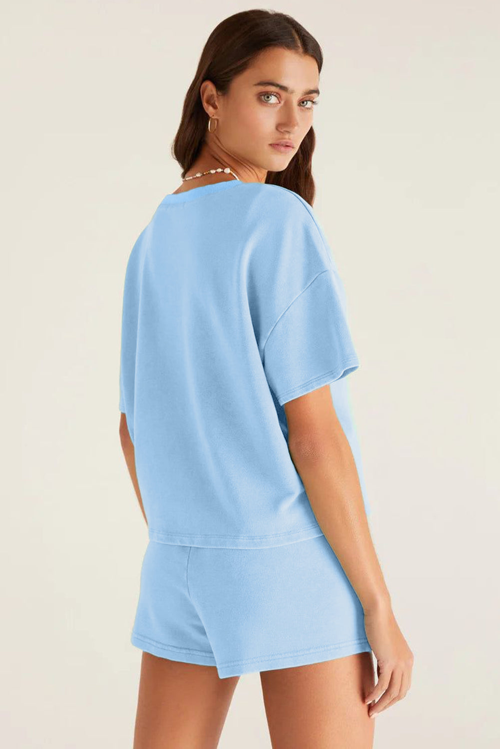 Bonbon V Neck Drop Shoulder Tee and Patchwork Drawstring Elastic Waistband Shorts Set