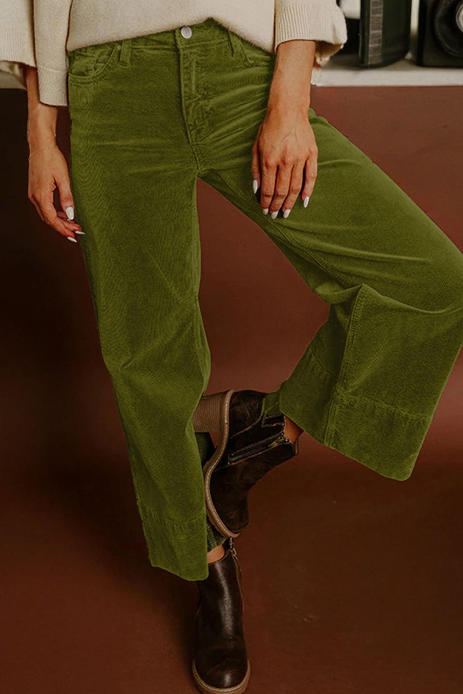 Burgundy Corduroy Solid Color High Waist Wide Leg Pants