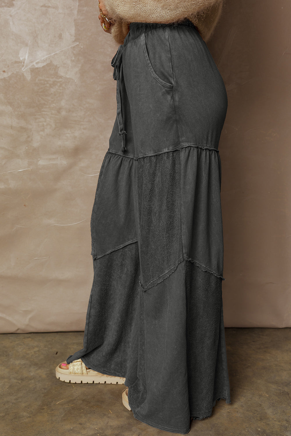 Wild Ginger  Careys Mineral Wash Tiered Wide Leg Patchwork Drawstring Pants