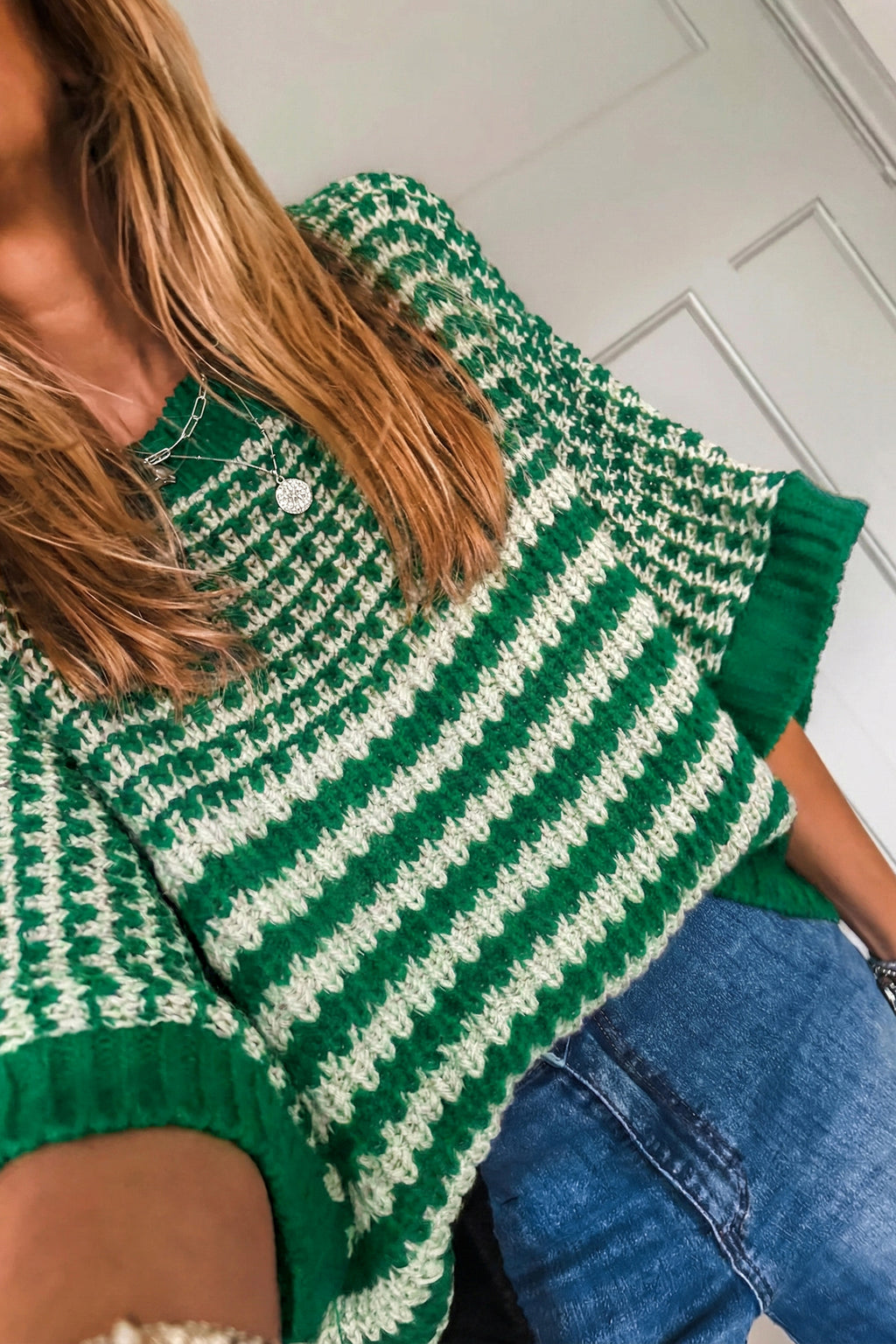 Red Stripe 3/4 Draped Sleeve Slouchy Sweater
