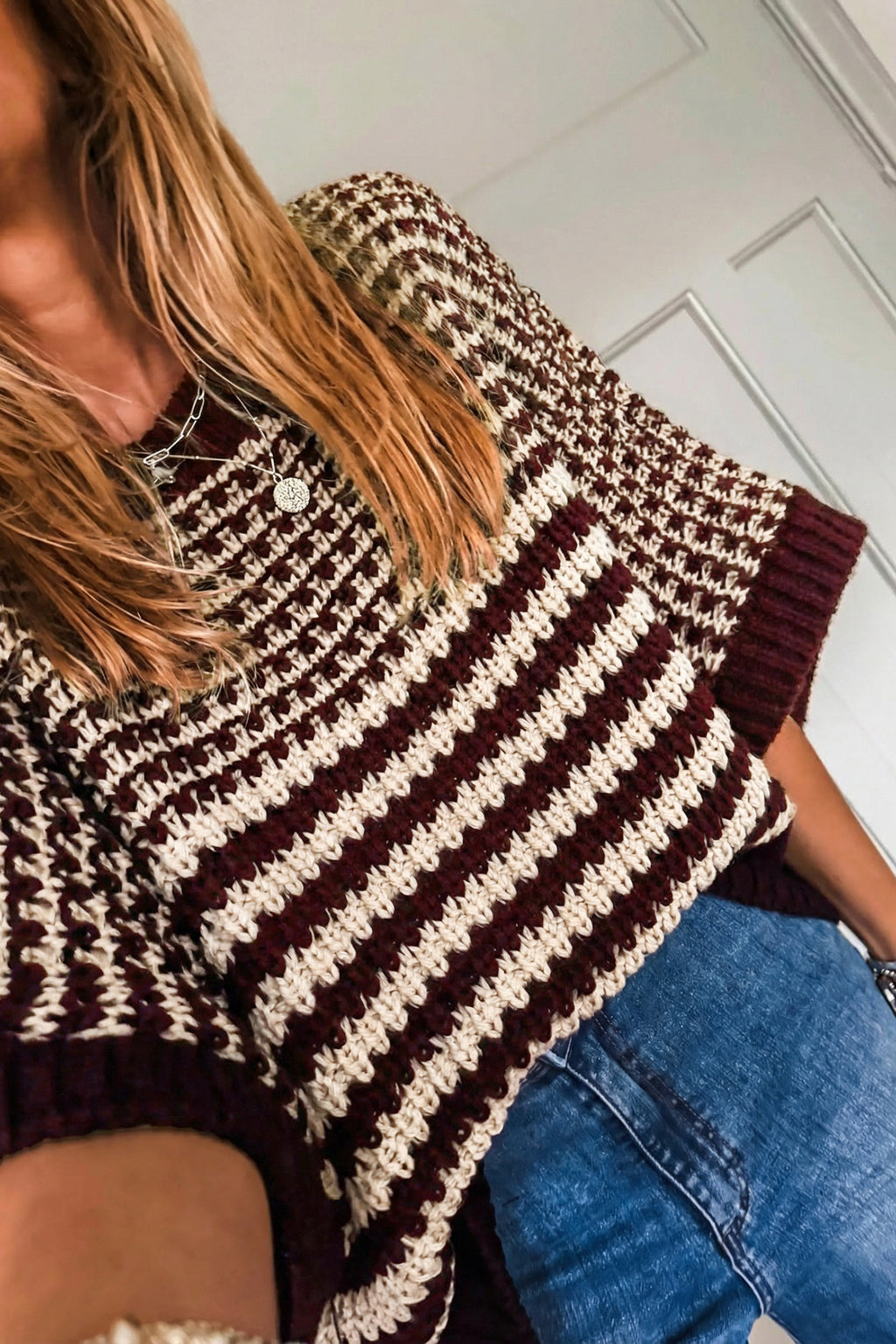 Red Stripe 3/4 Draped Sleeve Slouchy Sweater