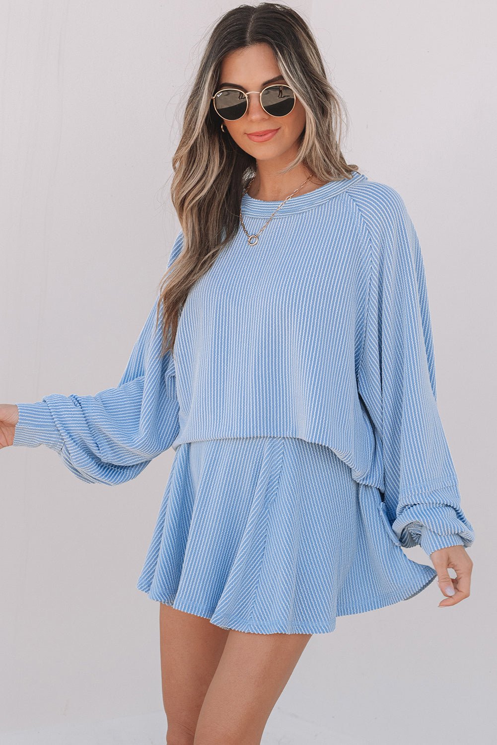 Jet Stream Corded Lantern Sleeve Top High Waist Ruffled Mini Skort Set