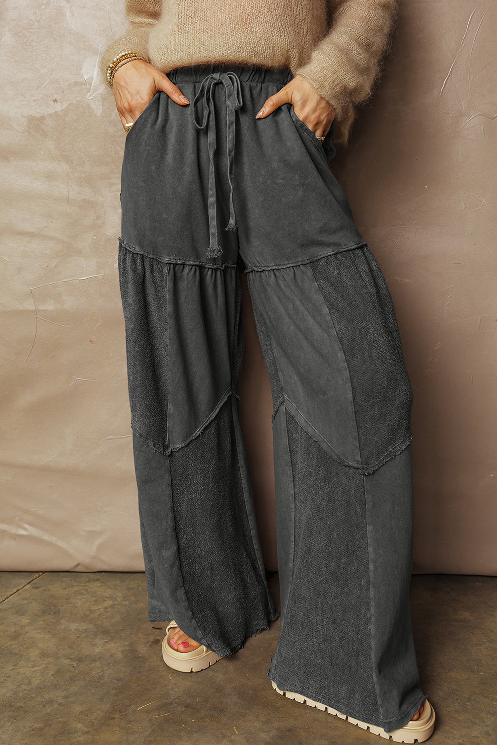 Wild Ginger  Careys Mineral Wash Tiered Wide Leg Patchwork Drawstring Pants