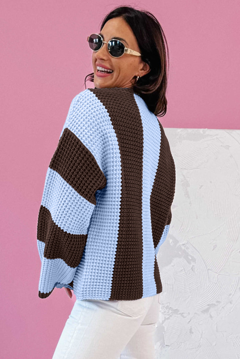 Fushia Striped Color Block Thermal Textured Knit Drop Shoulder Sweater