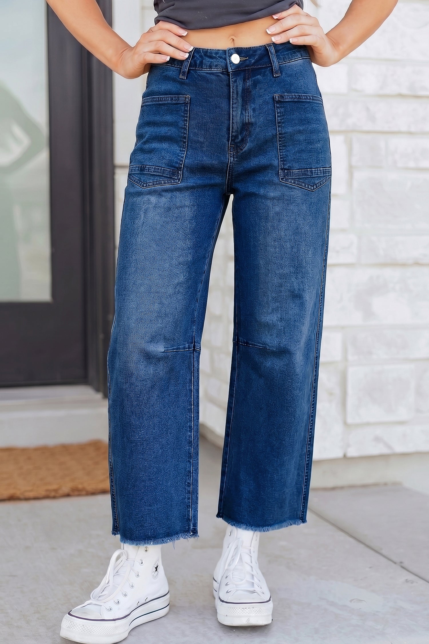 Beau Blue Frayed Cropped Barrel Jeans