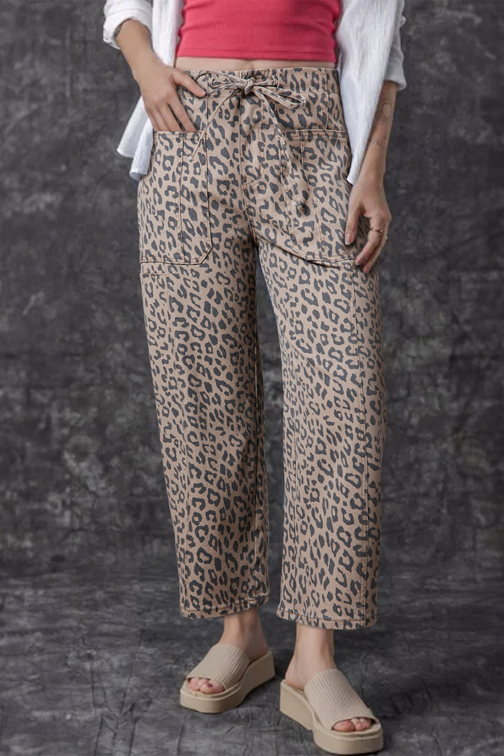 Khaki Leopard Printed Drawstring Elastic Waistband Pocketed Barrel Jeans